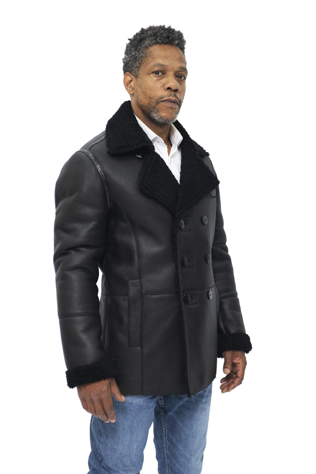 Mens Double Breasted Shearling Sheepskin Pea Coat-Valencia