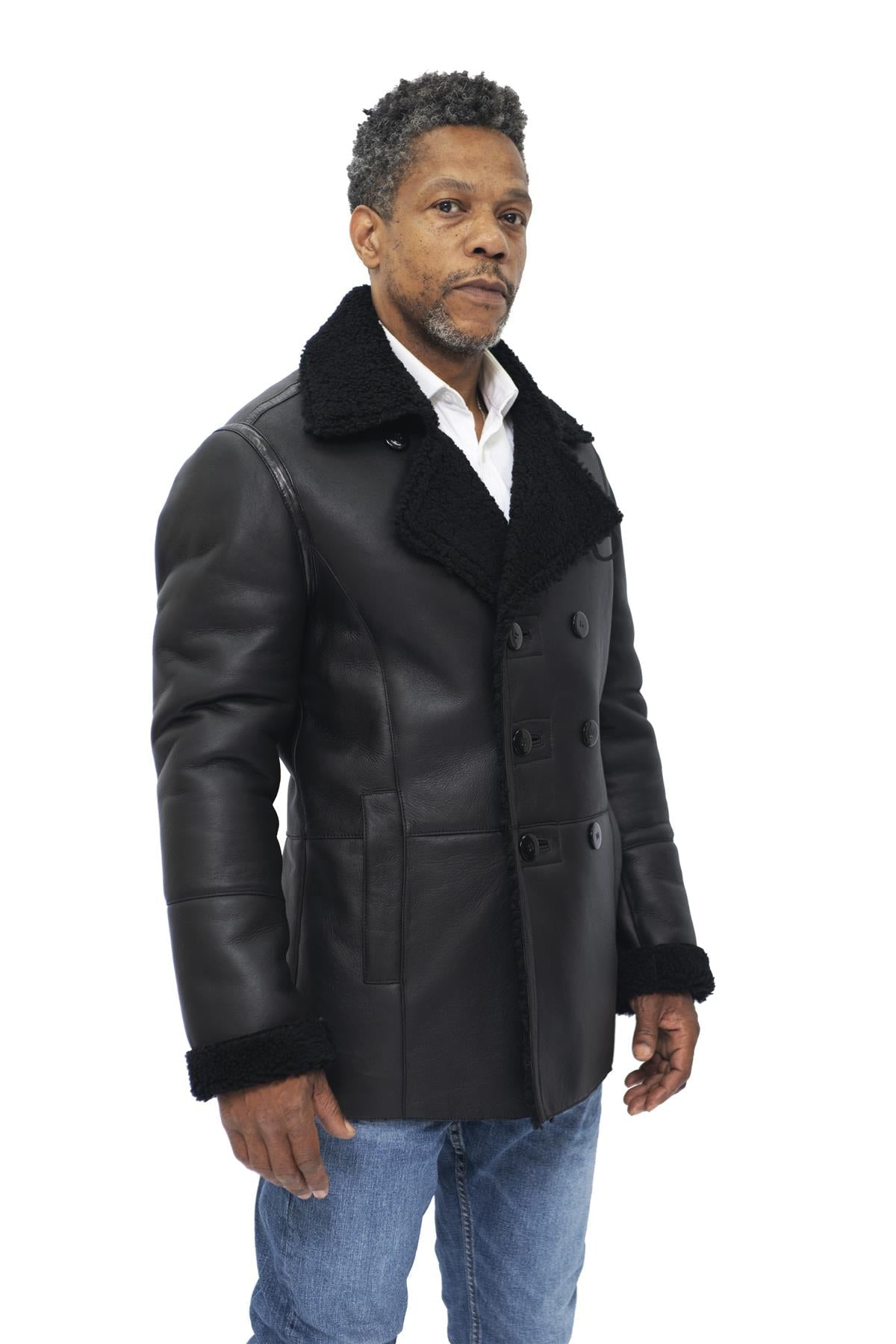 Mens Double Breasted Shearling Sheepskin Pea Coat-Valencia