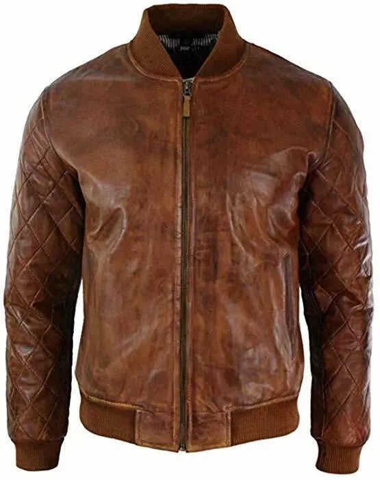 Men’s Biker Quilted Vintage Distressed Motorcycle Cafe Racer Leather Jacket