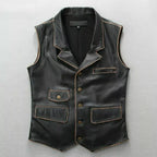 Men’s Black Distressed Real Leather Motorcycle Vest – Vintage Biker Riding Waistcoat with Classic Western Style