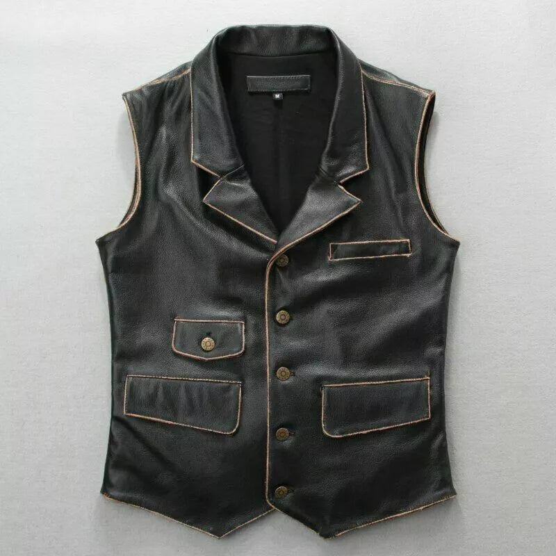 Men’s Black Distressed Real Leather Motorcycle Vest – Vintage Biker Riding Waistcoat with Classic Western Style