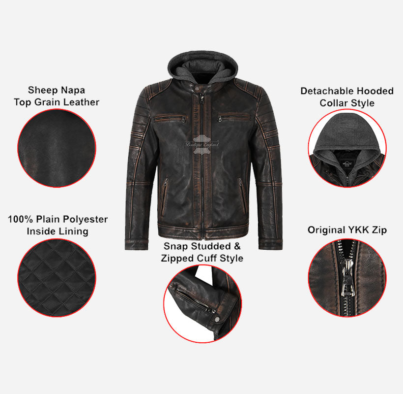 ARTEM Men's Leather Jacket with Removable Fabric Hoodie