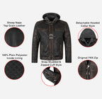 ARTEM Men's Leather Jacket with Removable Fabric Hoodie