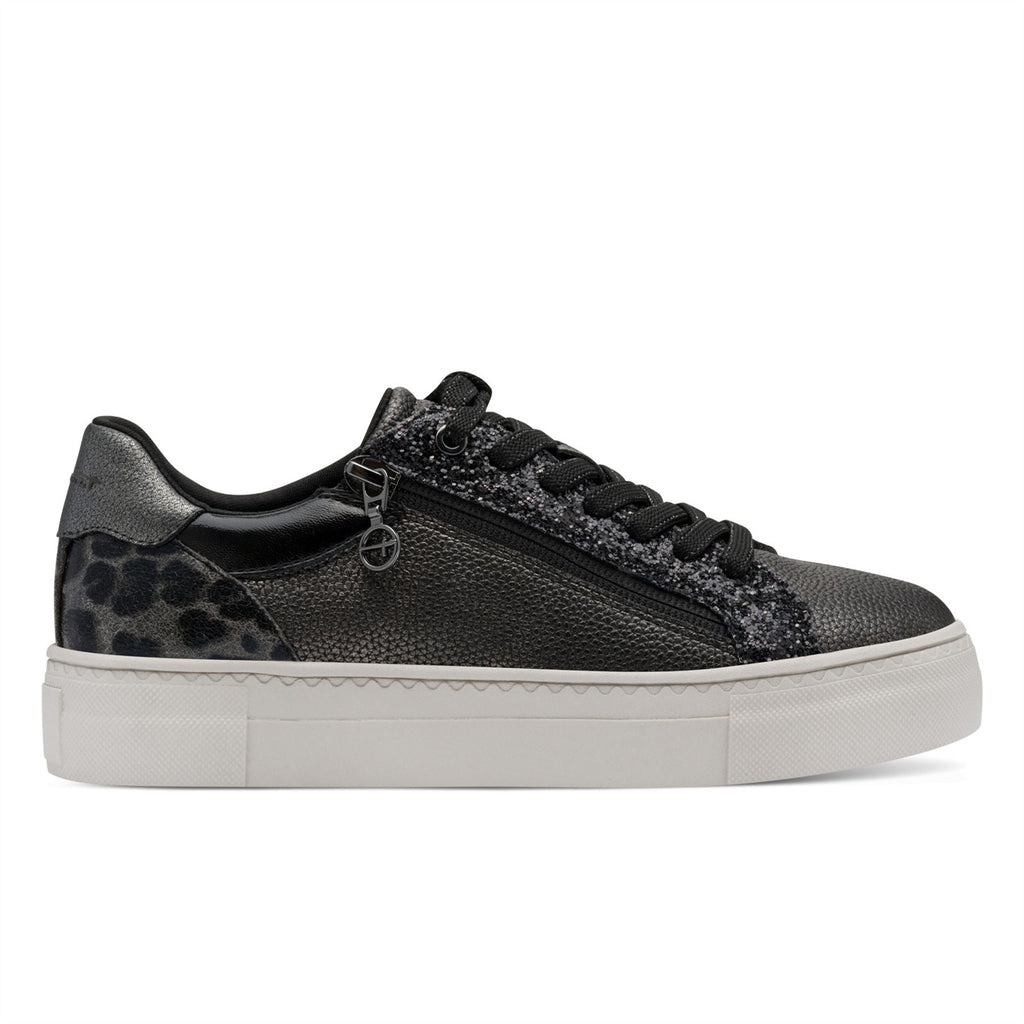 Tamaris Womens Pewter Silver Faux Leather Fashion Lace Up Sneakers