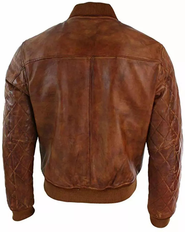 Men’s Biker Quilted Vintage Distressed Motorcycle Cafe Racer Leather Jacket