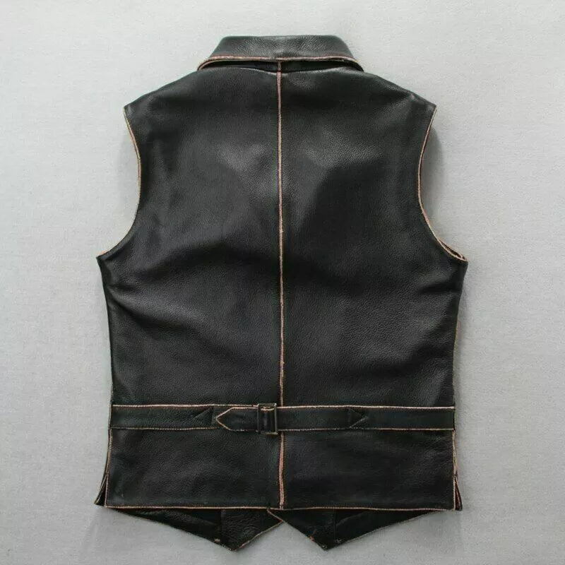 Men’s Black Distressed Real Leather Motorcycle Vest – Vintage Biker Riding Waistcoat with Classic Western Style