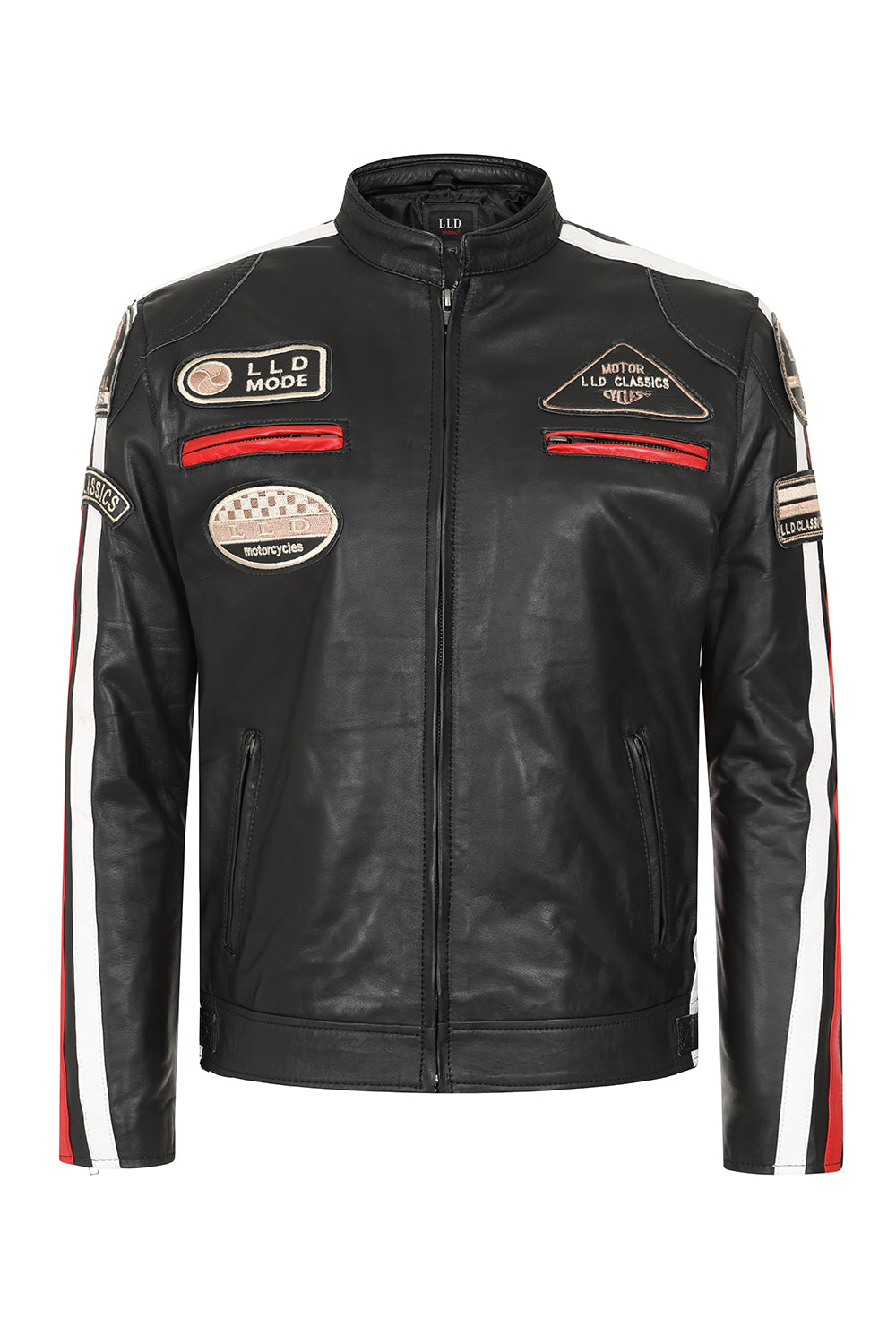 FRANCIS Women's Genuine Leather Racing Jacket - Black Red White Stripes
