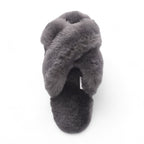 Women's Sheepskin Slippers Grey Warm Winter Fur Crossover - Snowbelle