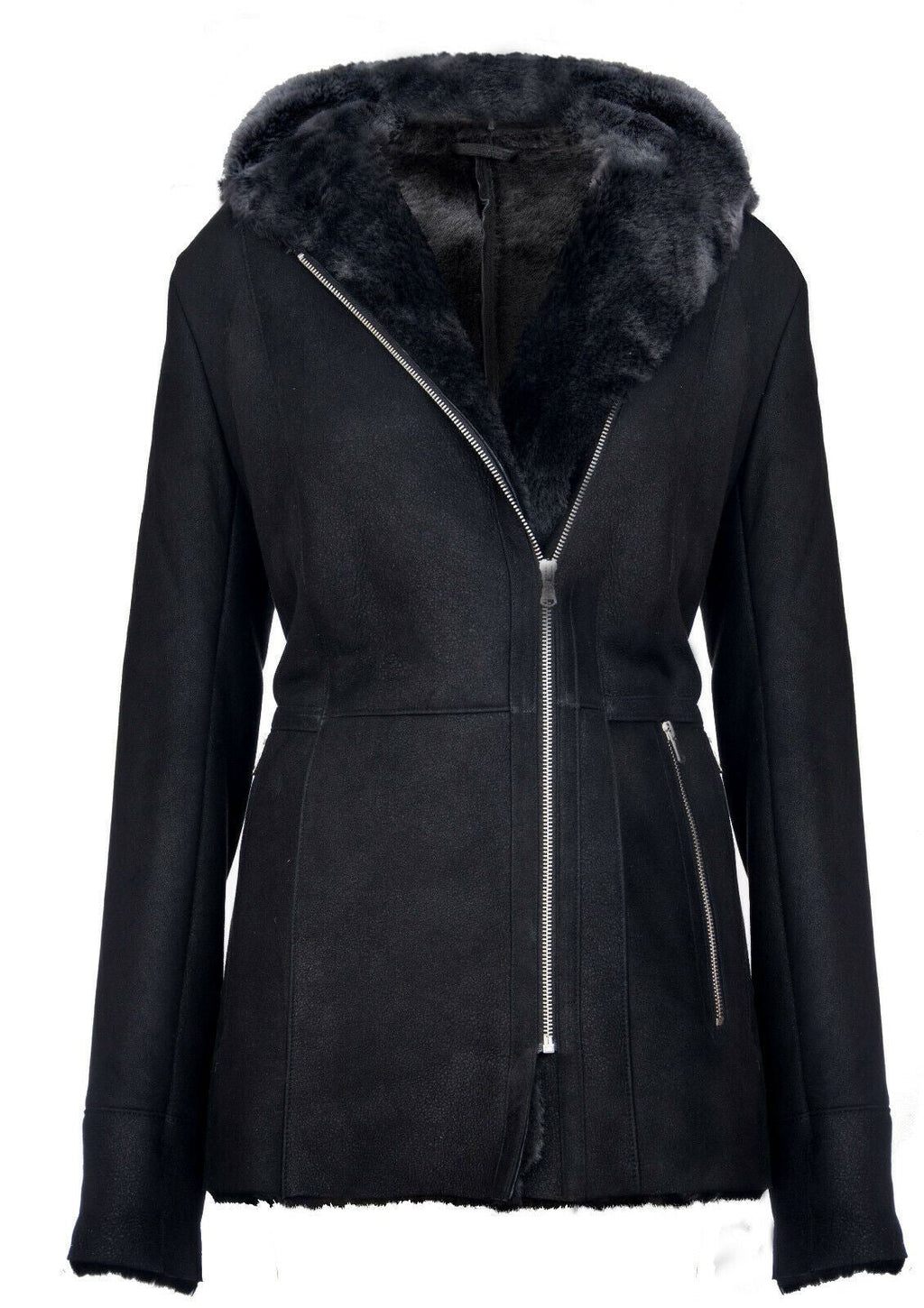 Womens Black Hooded Merino Sheepskin Jacket-Mandalay