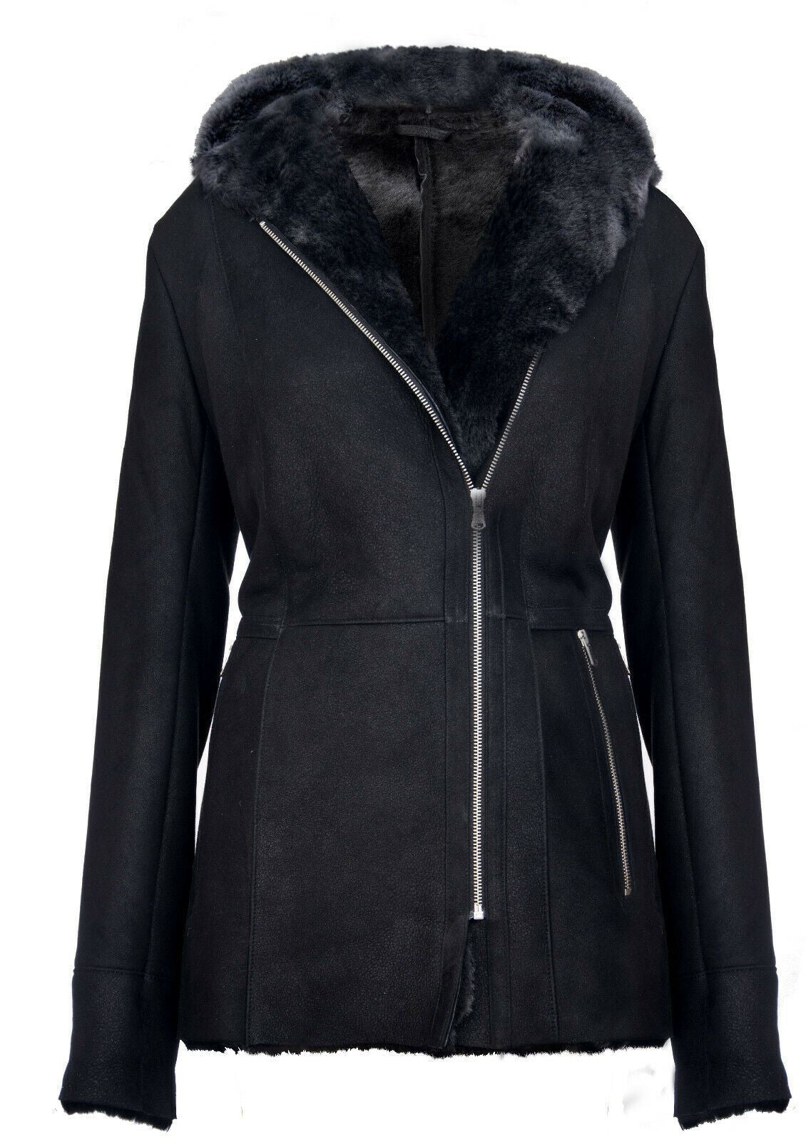 Womens Black Hooded Merino Sheepskin Jacket-Mandalay