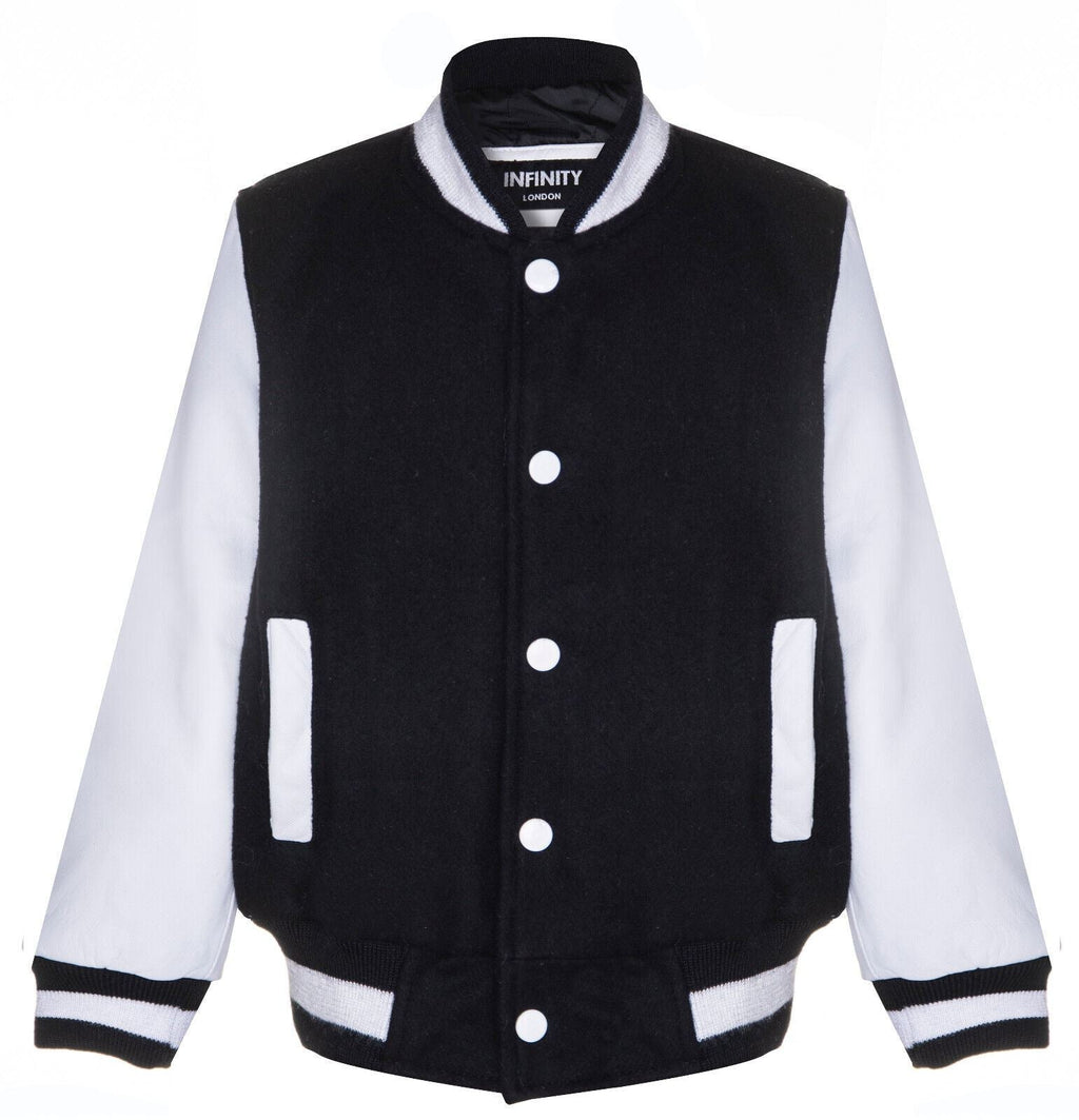Kids Varsity Black & White Bomber Jacket with Real Leather Sleeves 3-13 yrs