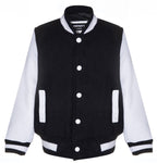 Kids Varsity Black & White Bomber Jacket with Real Leather Sleeves 3-13 yrs
