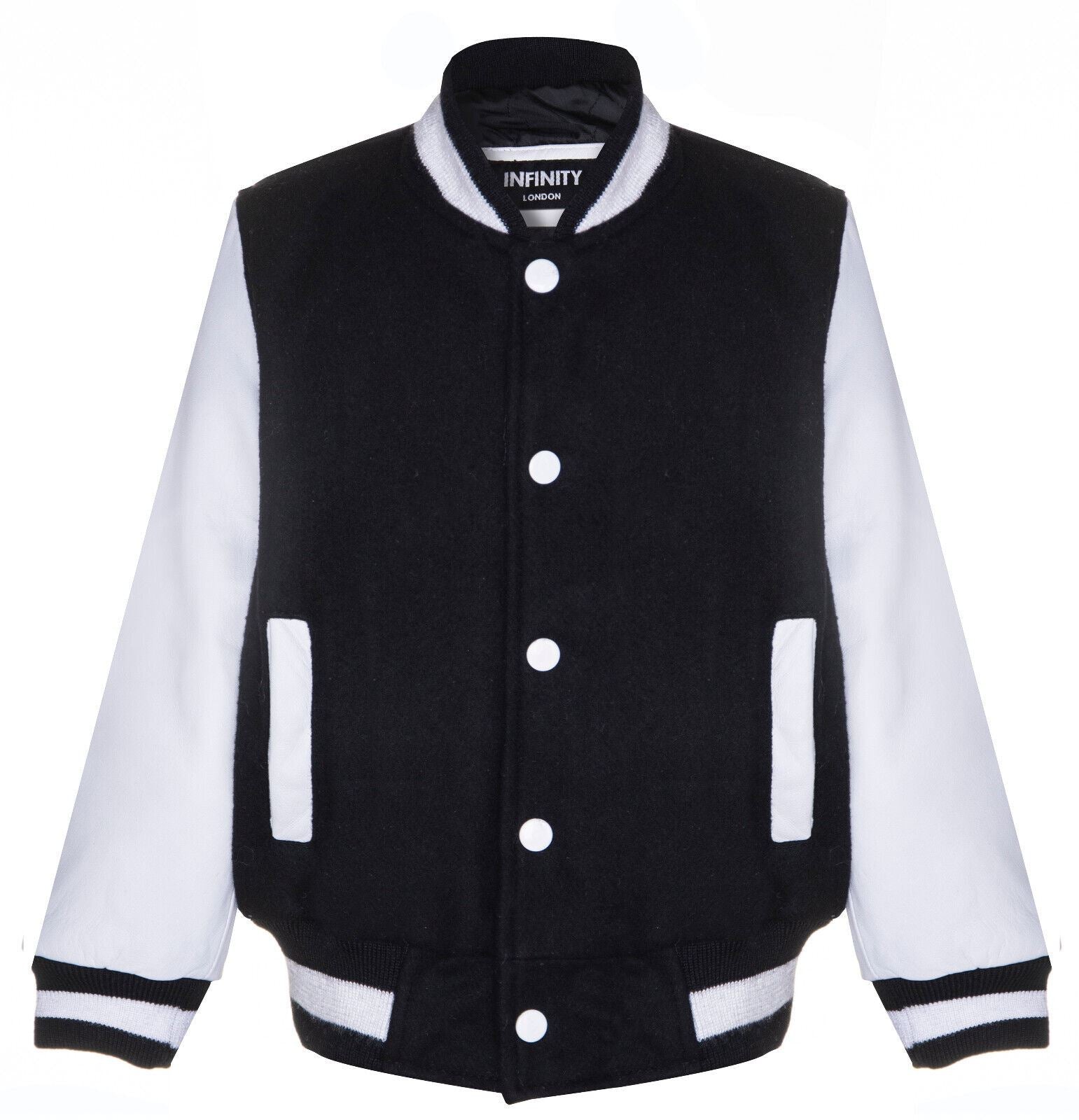 Kids Varsity Black & White Bomber Jacket with Real Leather Sleeves 3-13 yrs