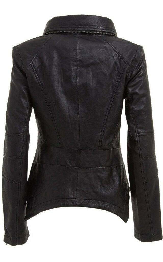 Womens Detachable Collar Leather Biker Jacket-Rosario