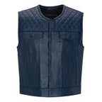 Mens Blue Genuine Leather Motorcycle Vest/Slim Fit Sleeveless Jacket/Biker Vest