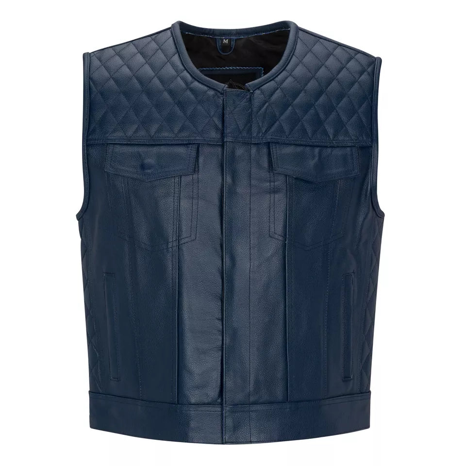 Mens Blue Genuine Leather Motorcycle Vest/Slim Fit Sleeveless Jacket/Biker Vest
