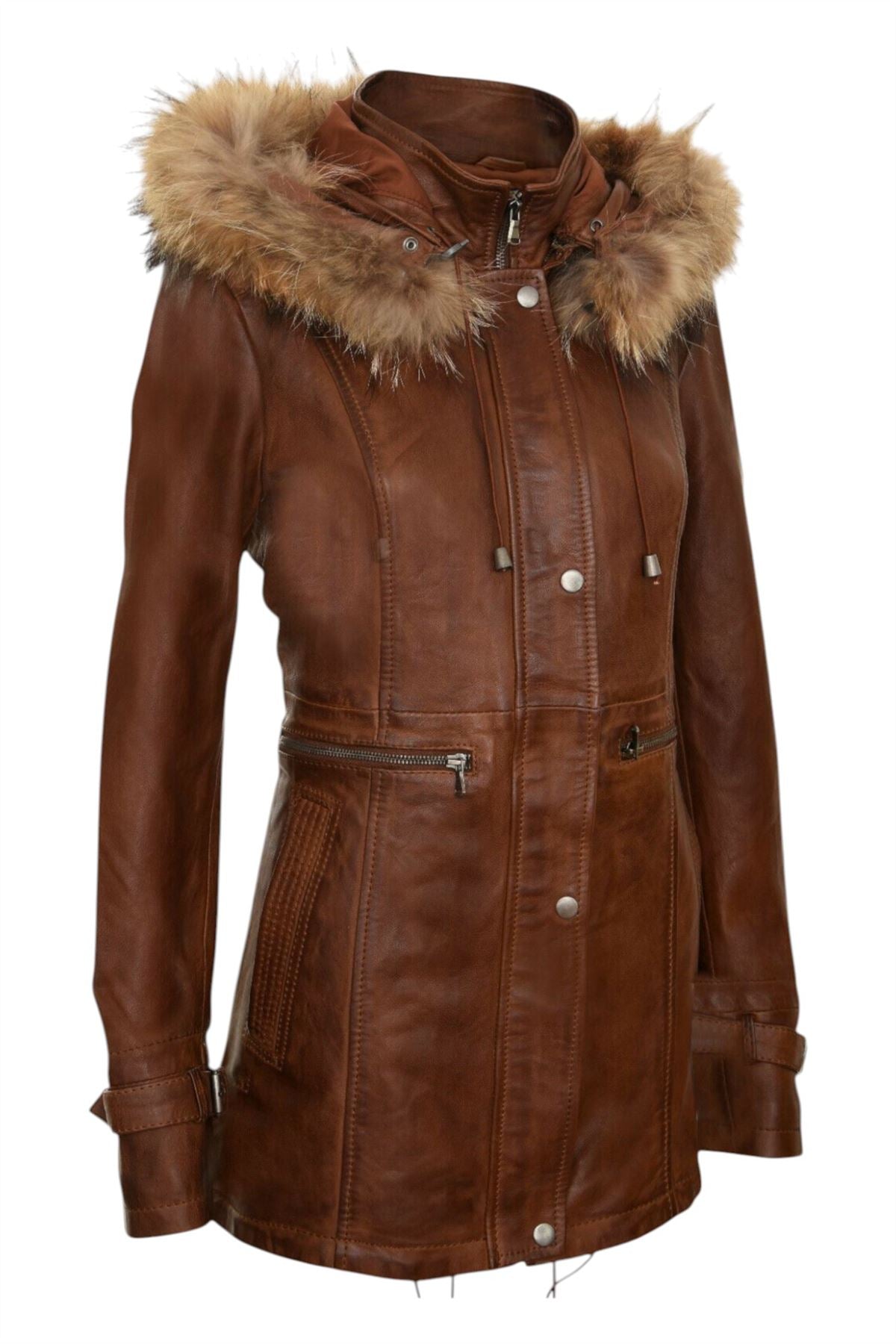 Womens Leather Hooded Parka Jacket-Putian