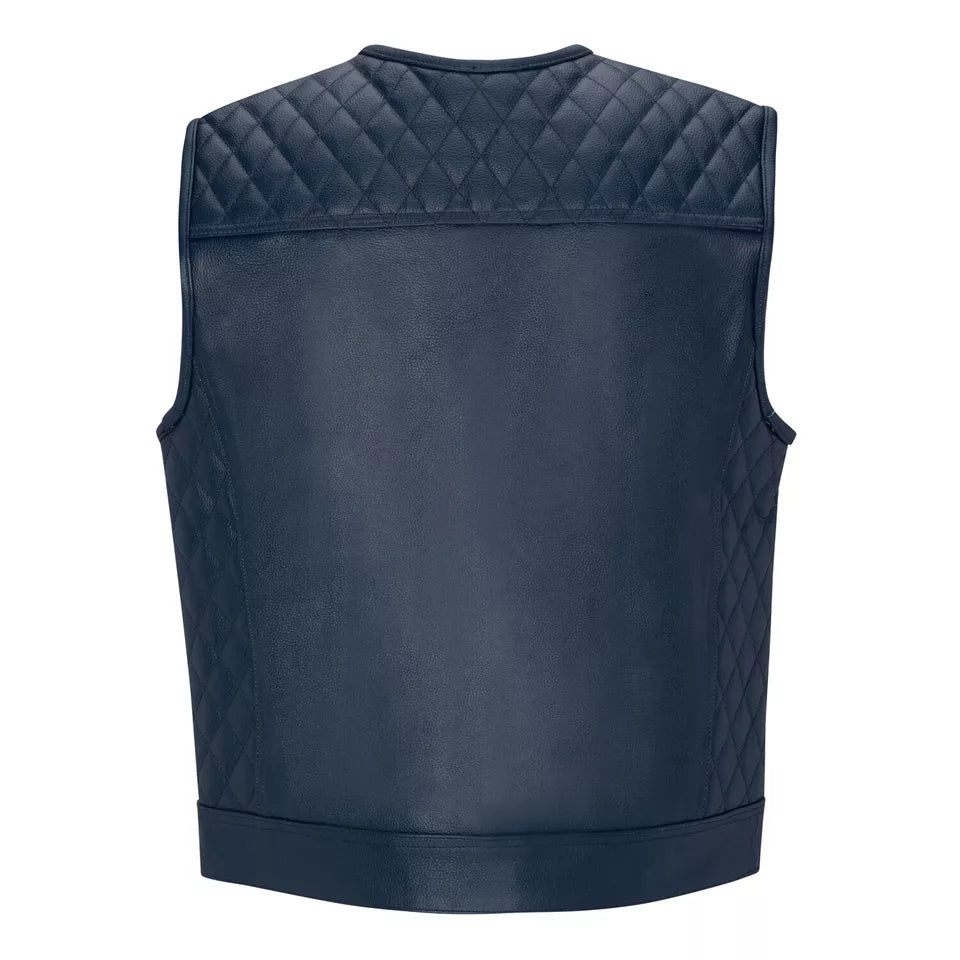 Mens Blue Genuine Leather Motorcycle Vest/Slim Fit Sleeveless Jacket/Biker Vest