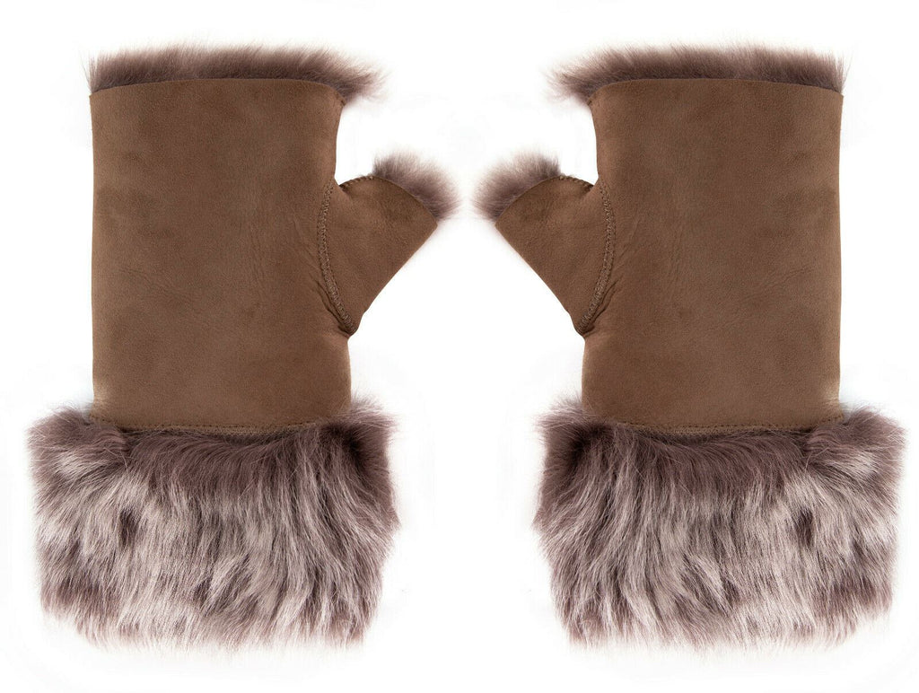 Womens Shearling  Mittens Fingerless Cuffs Toscana Suede Sheepskin Fur