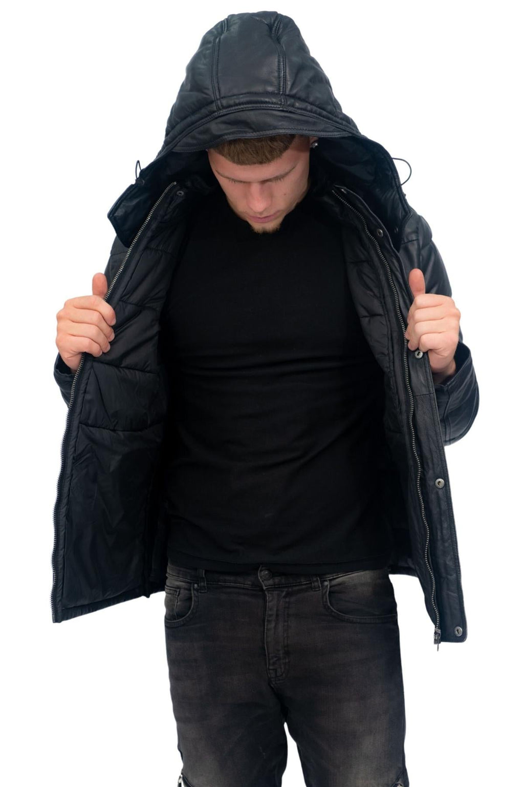 Mens Puffer Leather Bomber Jacket-Alicante