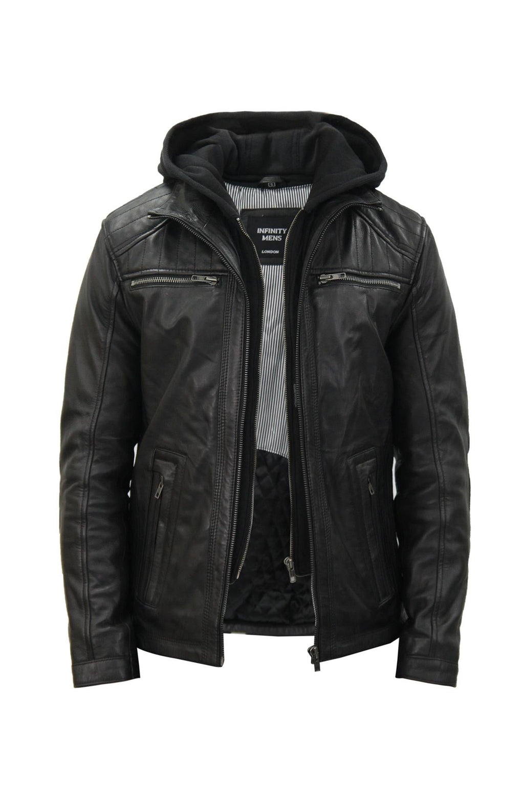 Mens Black Hooded Leather Biker Jacket-Salvador