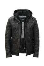 Mens Black Hooded Leather Biker Jacket-Salvador