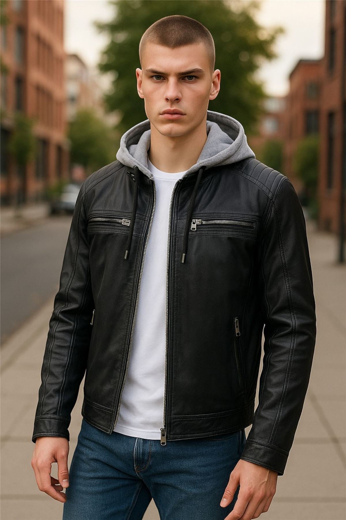 Men's Hooded Biker Lamb Leather Jacket - Burten