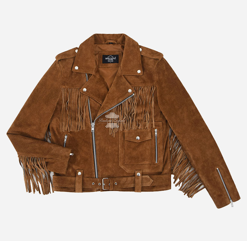 BRANDO Men's Suede Fringe Jacket Vintage Western Biker Jacket