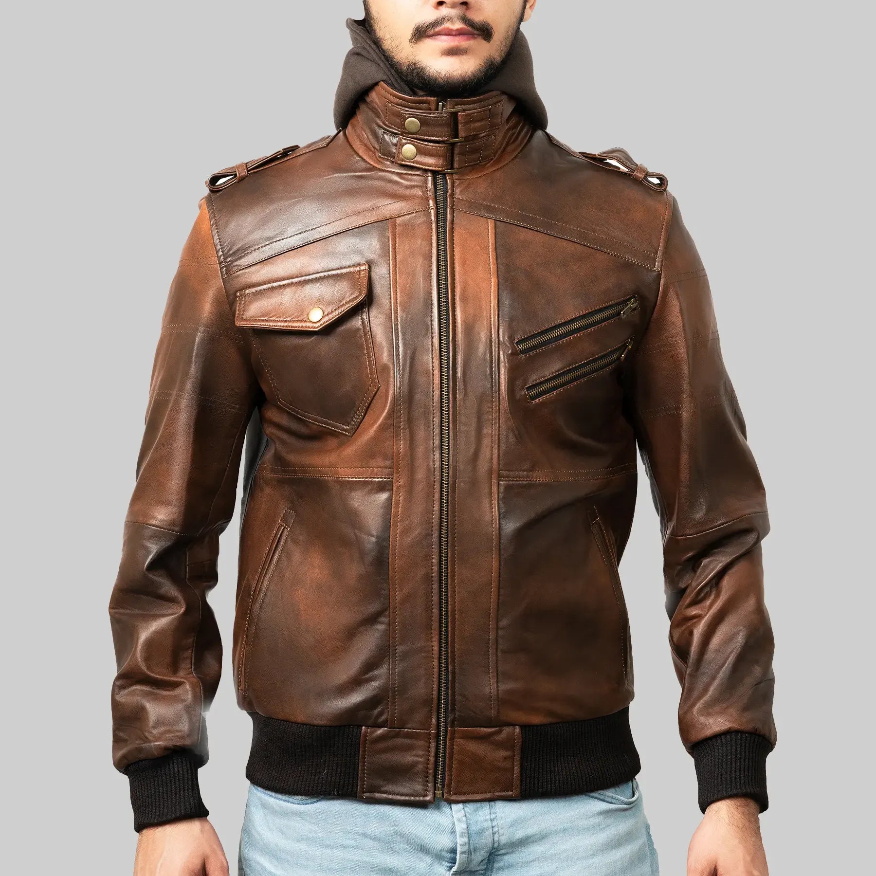 Men’s Brown Hooded Leather Biker Jacket
