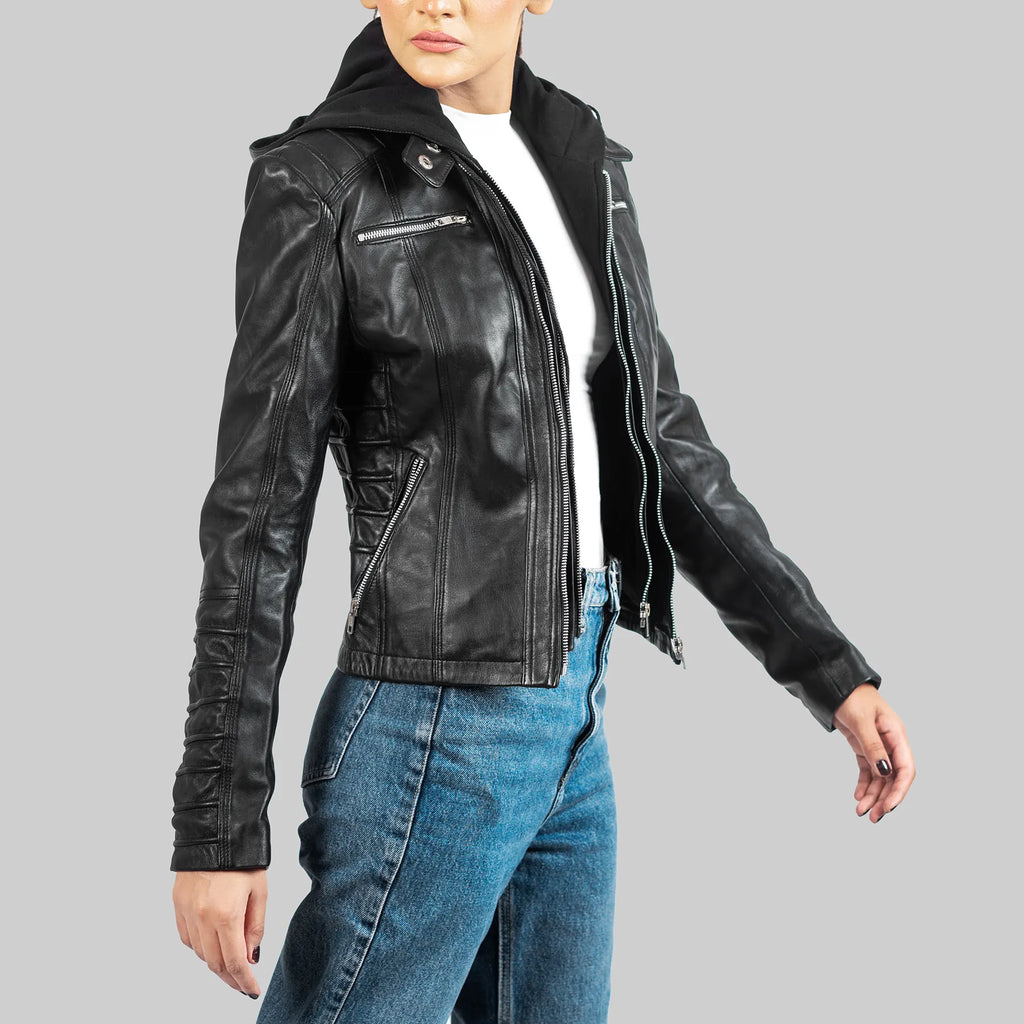 Women’s Black Hooded Biker Leather Jacket