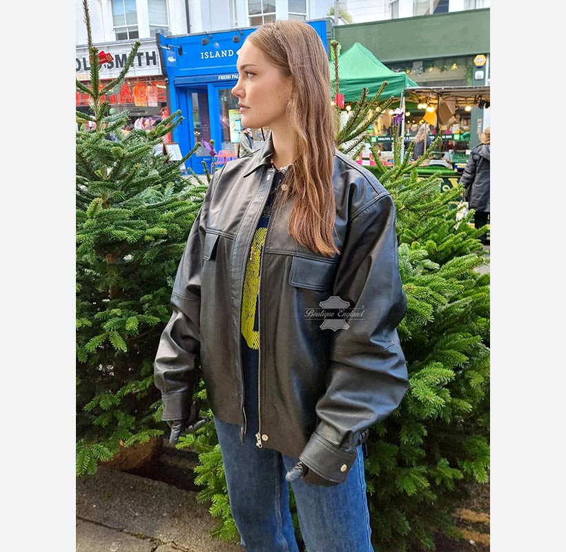 ABBEY Women Leather Oversized Jacket Black
