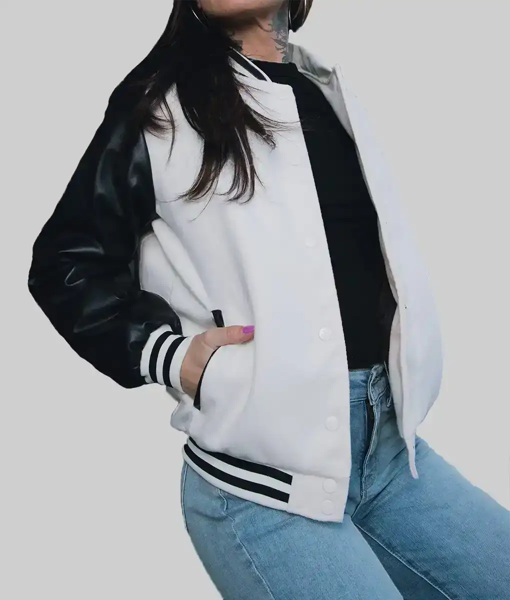 Women’s White and Black Leather Varsity Jacket