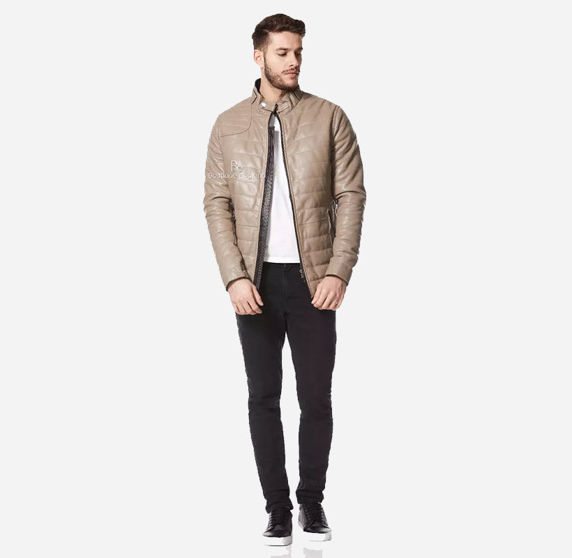 RANGER Mens Puffer Leather Jacket Padded Jacket in Beige
