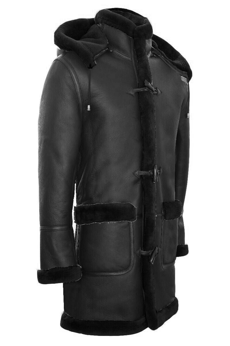 Mens Winter Sheepskin Hooded Duffle Coat-Helsinki