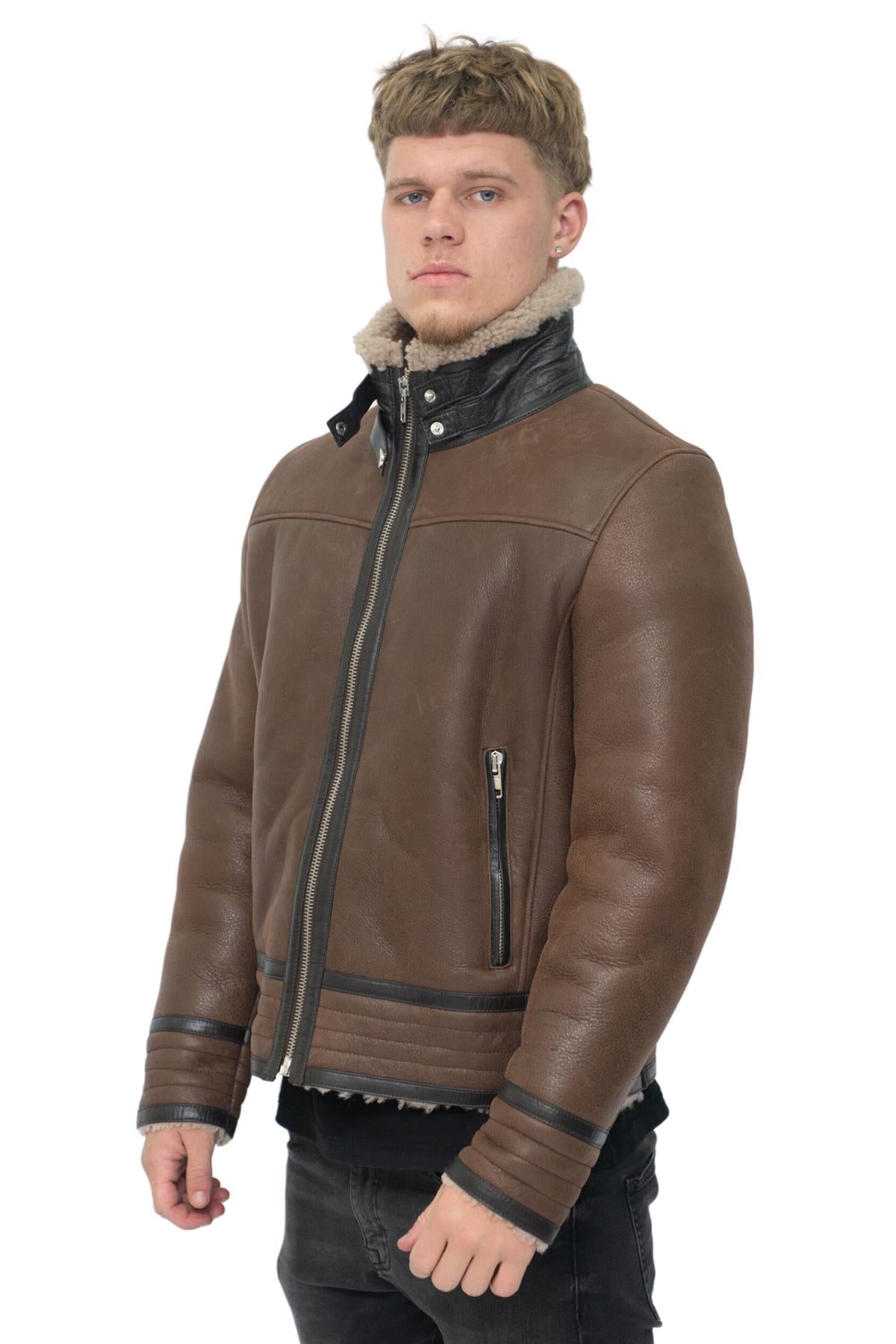 Mens Retro Pilot Sheepskin Leather Biker Jacket-Bogota