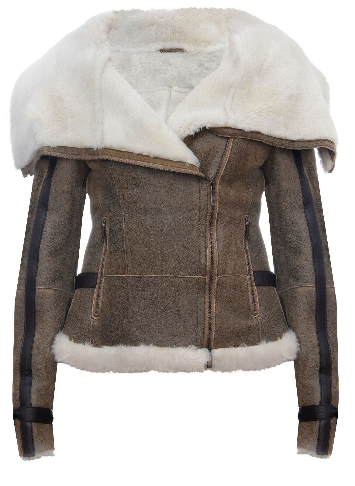 Womens Merino Sheepskin Aviator Leather Jacket-Asmara
