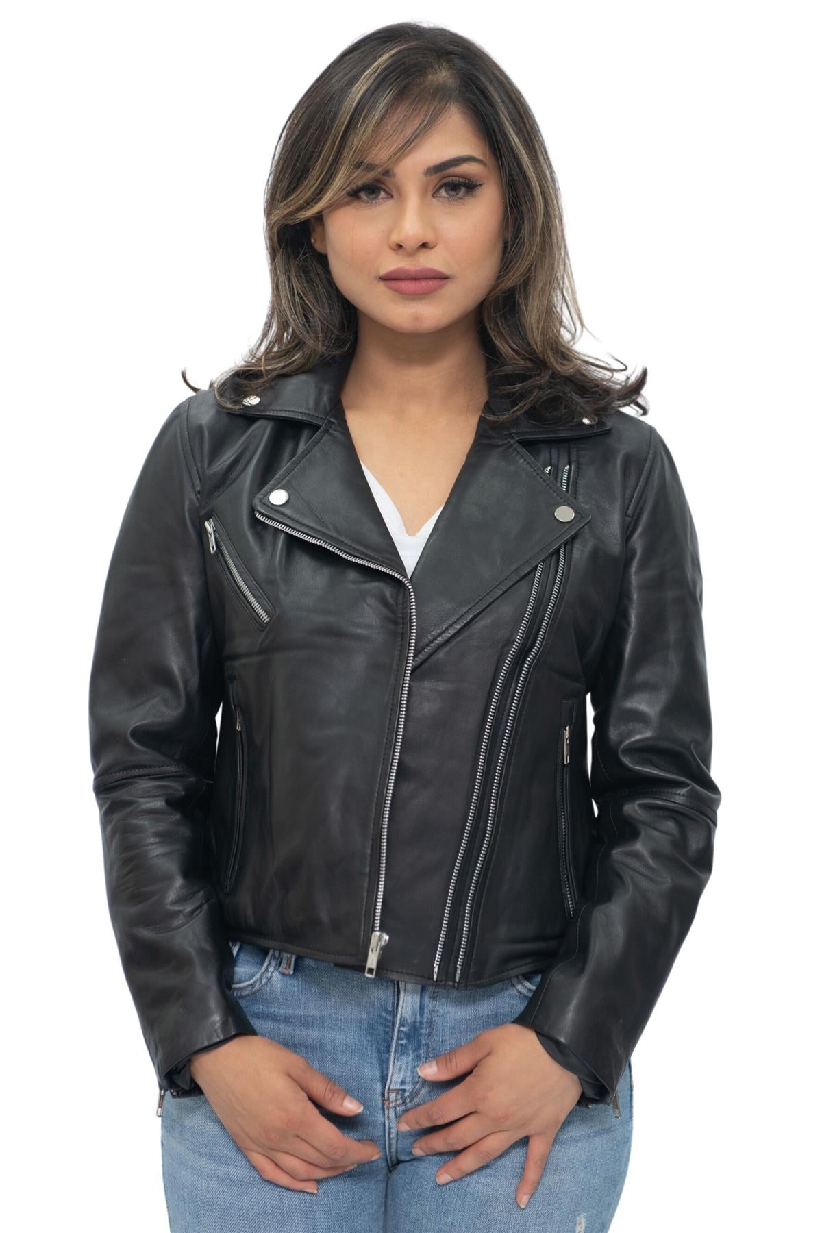 Womens Classic Red Nappa Leather Retro Biker Jacket-Bergen
