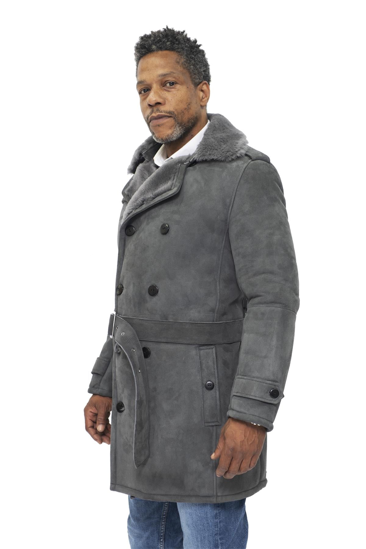 Mens Shearling Sheepskin Suede Pea Coat-Cali