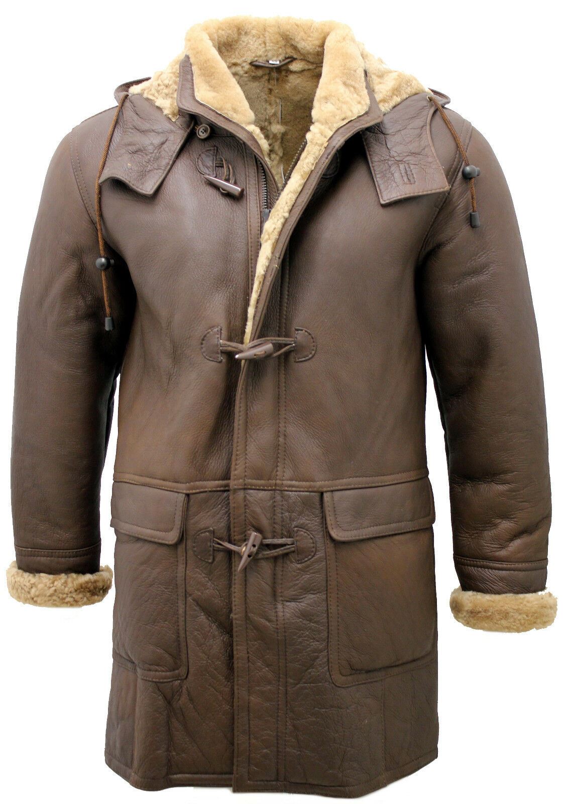 Mens Sheepskin Leather Hooded Duffle Coat-Hanko