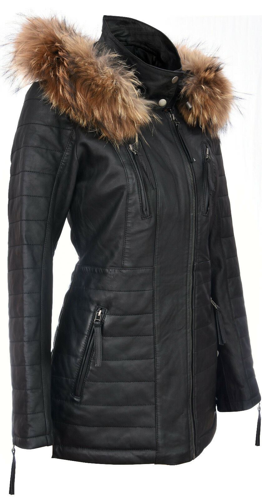 Womens Slim Fit  Leather Hooded Parka Jacket-Northam
