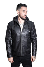 Mens Retro Hooded Leather Bomber Jacket-Zaria
