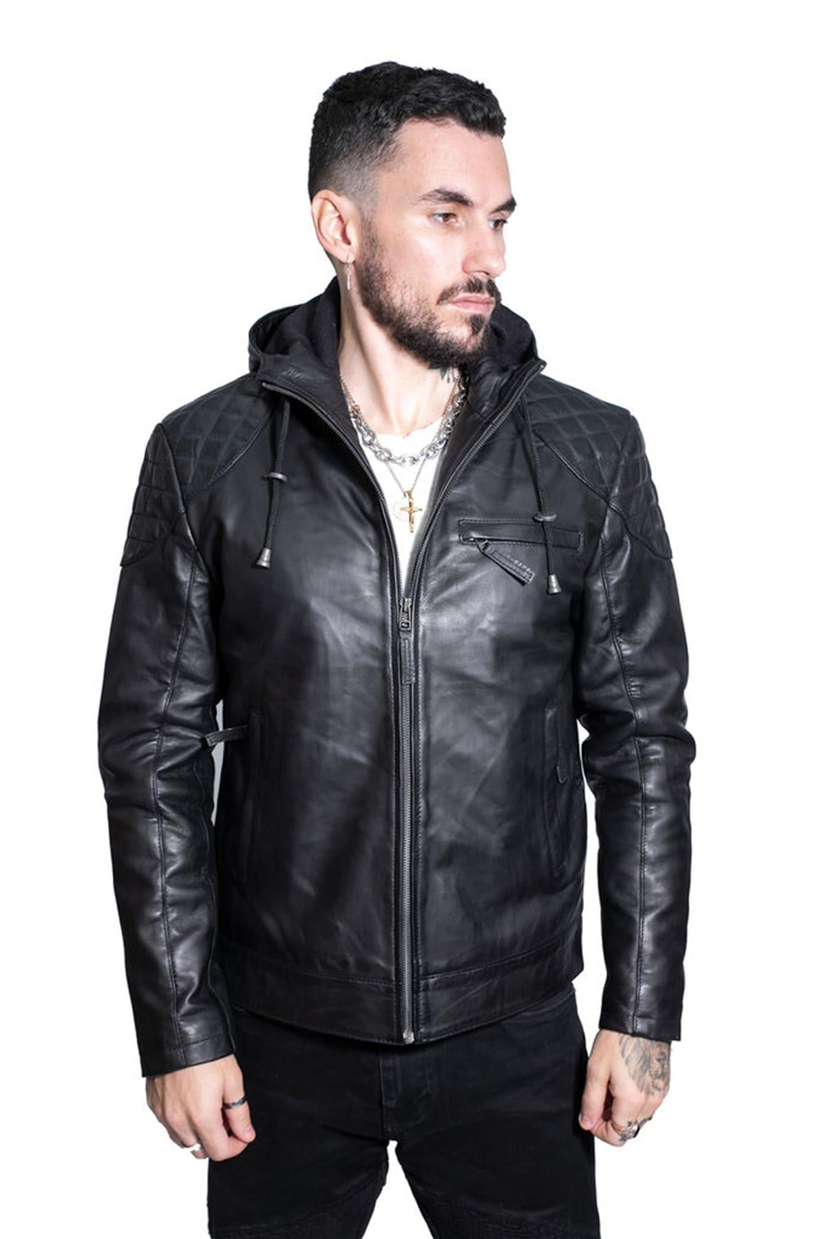 Mens Retro Hooded Leather Bomber Jacket-Zaria