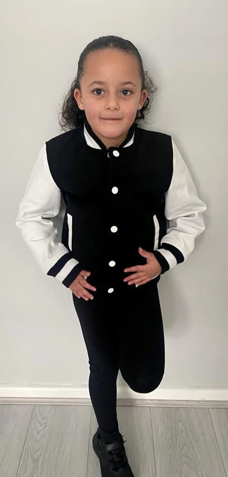 Kids Varsity Black & White Bomber Jacket with Real Leather Sleeves 3-13 yrs