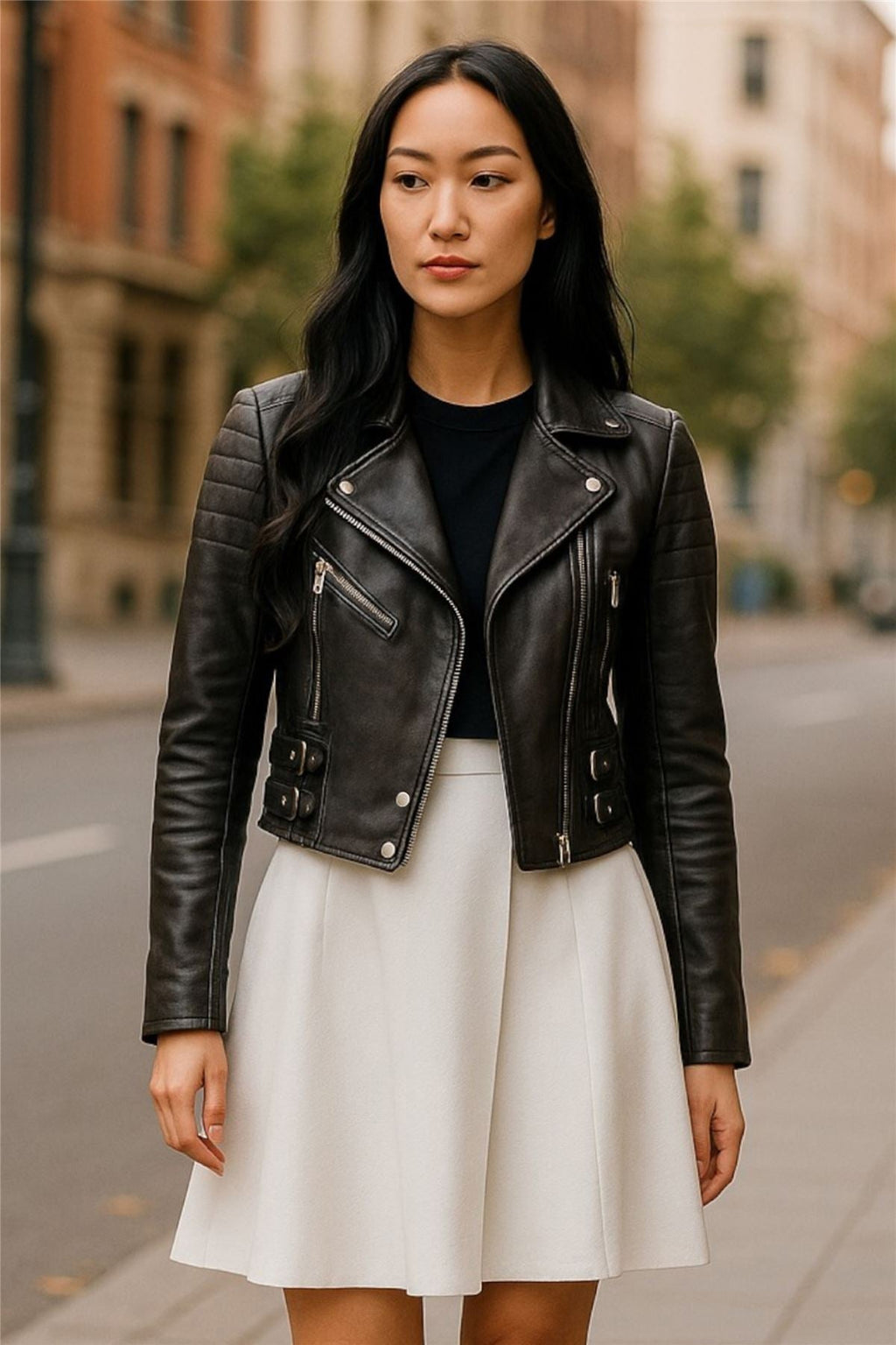 Womens Cropped Brando Leather Biker Jacket-Damascus
