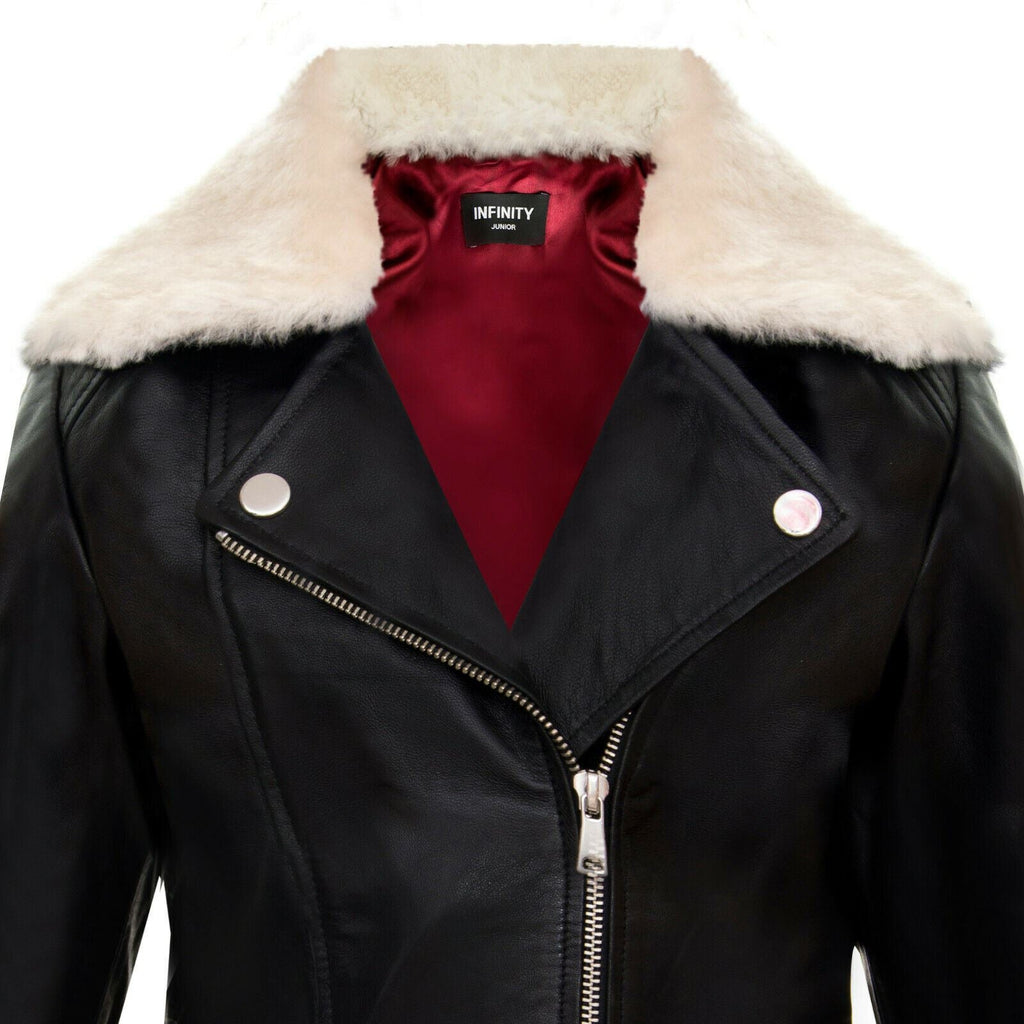 Kids Jackets Girls 100% Leather Detachable Collar Biker Jackets (3-13 Years)