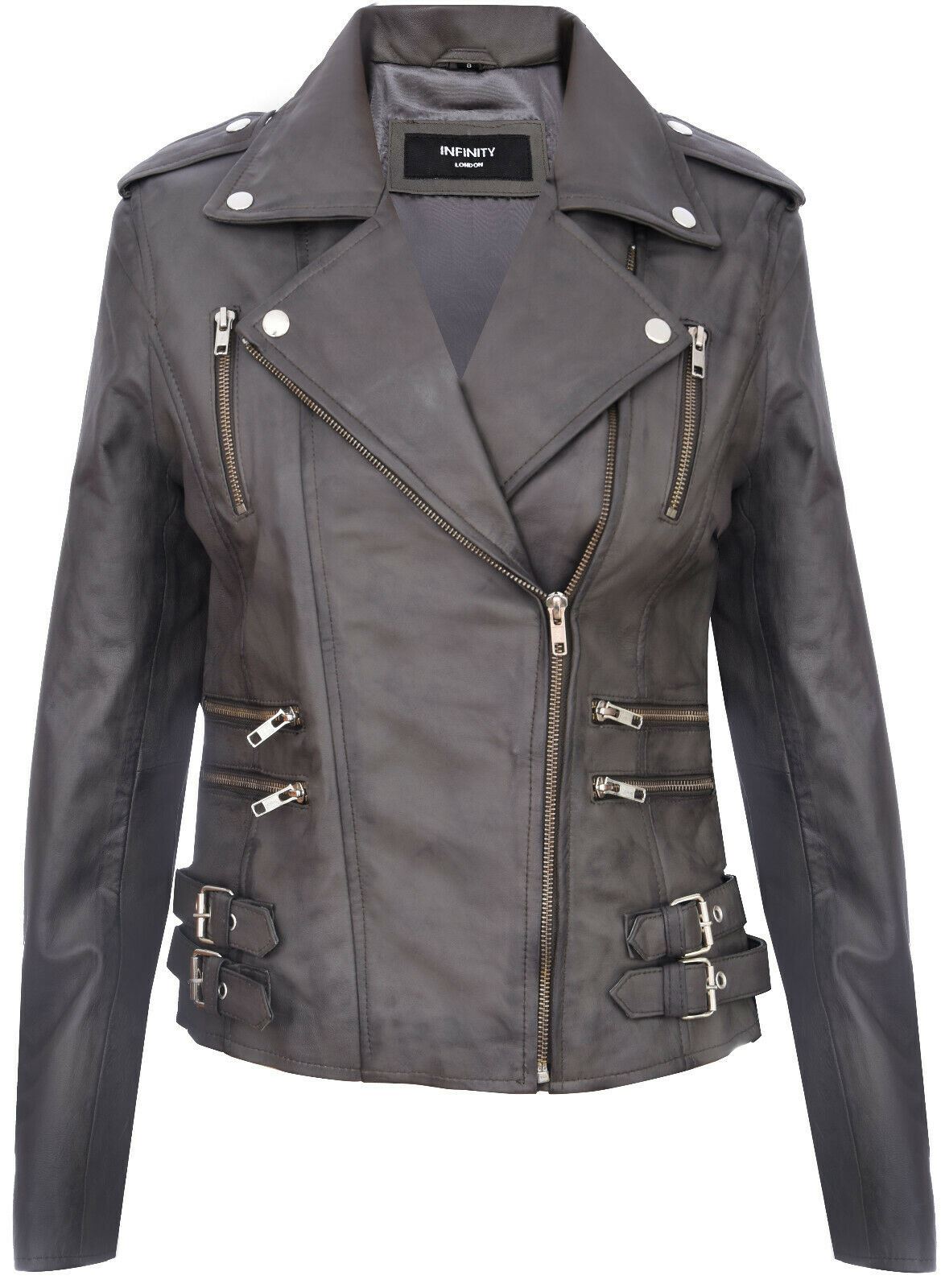 Womens Leather Brando Biker Jacket-Loddon