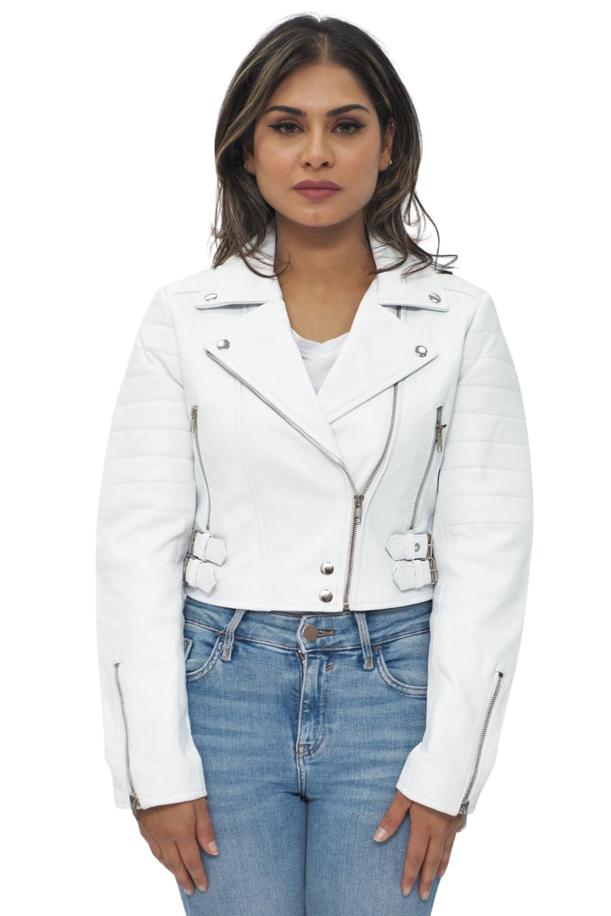 Womens Cropped Brando Leather Biker Jacket-Damascus