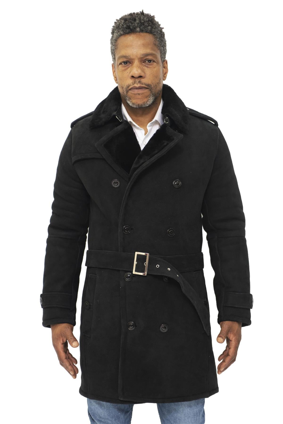 Mens Shearling Sheepskin Suede Pea Coat-Cali