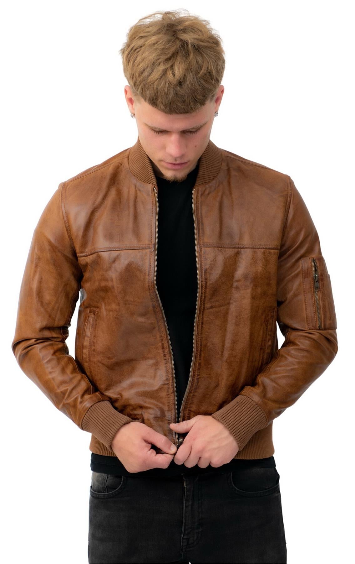 Mens Retro MA-1 Leather Bomber Jacket-Arlington