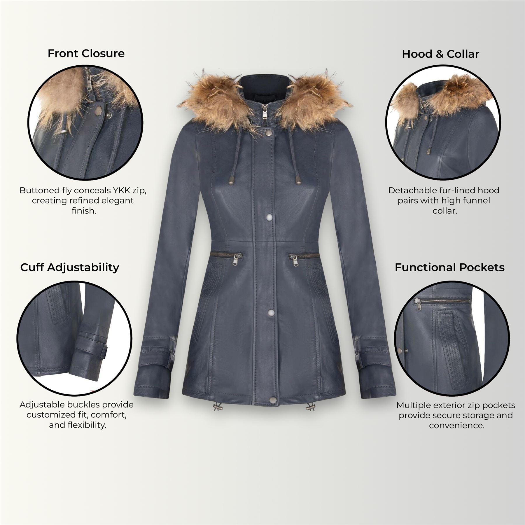 Womens Leather Hooded Parka Jacket-Putian